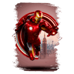 Homem de Ferro voando em direção à câmera, com o horizonte de Nova York ao fundo e um efeito de movimento dinâmico.