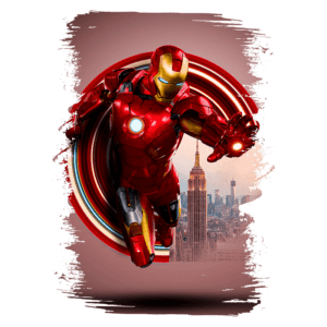 Homem de Ferro voando em direção à câmera, com o horizonte de Nova York ao fundo e um efeito de movimento dinâmico.