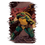 Imagem de um personagem de quadrinhos, uma tartaruga ninja chamada Raphael, em uma pose de combate. Ele está vestido com uma máscara vermelha, armadura e segurando armas, com um fundo de grafite em uma parede. A cena transmite ação e determinação.