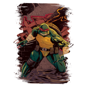 Imagem de um personagem de quadrinhos, uma tartaruga ninja chamada Raphael, em uma pose de combate. Ele está vestido com uma máscara vermelha, armadura e segurando armas, com um fundo de grafite em uma parede. A cena transmite ação e determinação.