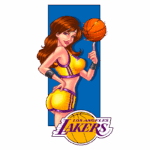 Ilustração de uma mulher atlética vestindo uniforme amarelo e roxo do Los Angeles Lakers, girando uma bola de basquete na ponta do dedo com um fundo azul.
