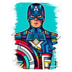Ilustração colorida do Capitão América, com traje icônico e escudo, em fundo azul. Ideal para temas de super-heróis e cultura pop.