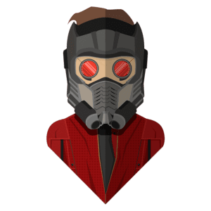 Personagem estilizado com traje vermelho e máscara preta, apresentando olhos vermelhos e detalhes tecnológicos. Ideal para temas de ficção científica e super-heróis.