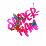 Ilustração do Homem-Aranha pendurado em cordas, com uma fita cassete ao fundo. O nome "Spider-Man" está escrito em uma estilização vibrante e colorida, destacando o herói icônico.