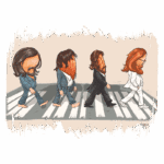 Ilustração caricaturesca dos membros da banda The Beatles atravessando uma faixa de pedestres, com cabelos em formato de lanterna. Cada membro está vestido de forma elegante e retrata um estilo único, capturando a essência da famosa capa do álbum "Abbey Road".