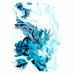 Thor, o deus do trovão, em uma pose de luta, segurando seu martelo Mjölnir, com um visual azul e elétrico, destacando sua armadura e capacete com asas. A arte reflete uma cena dinâmica e poderosa do universo dos quadrinhos.