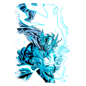 Thor, o deus do trovão, em uma pose de luta, segurando seu martelo Mjölnir, com um visual azul e elétrico, destacando sua armadura e capacete com asas. A arte reflete uma cena dinâmica e poderosa do universo dos quadrinhos.