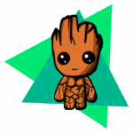 Personagem de desenho animado Groot, com pele marrom e olhos grandes e expressivos, posicionado sobre um fundo verde com formas geométricas. Ideal para temas de cultura pop e quadrinhos.