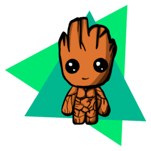 Personagem de desenho animado Groot, com pele marrom e olhos grandes e expressivos, posicionado sobre um fundo verde com formas geométricas. Ideal para temas de cultura pop e quadrinhos.
