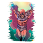 Personagem de quadrinhos com manto e armadura, voando com os braços abertos, em um fundo colorido. Ele possui um capacete distinto e expressões intensas, representando um super-herói ou vilão.