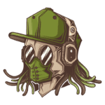 Ilustração de um rosto estilizado com máscara verde e óculos espelhados, usando um boné verde. O design combina elementos de arte urbana e cultura pop, destacando detalhes de um visual moderno e ousado.