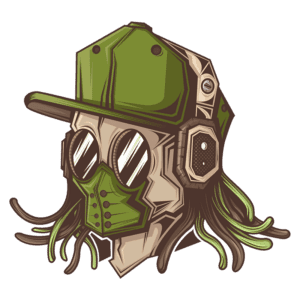 Ilustração de um rosto estilizado com máscara verde e óculos espelhados, usando um boné verde. O design combina elementos de arte urbana e cultura pop, destacando detalhes de um visual moderno e ousado.