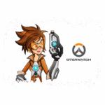 Ilustração da personagem Tracer do jogo Overwatch, com cabelo castanho e óculos, segurando uma arma. O logotipo do Overwatch está presente ao lado.