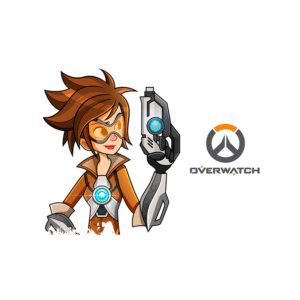 Ilustração da personagem Tracer do jogo Overwatch, com cabelo castanho e óculos, segurando uma arma. O logotipo do Overwatch está presente ao lado.