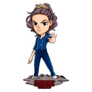 Personagem estilizado de "Stranger Things" com cabelos cacheados e coroa, usando uma camisa azul com bolinhas e calças azul. Ele faz um gesto com a mão, parecendo determinado, em um cenário que remete à série.
