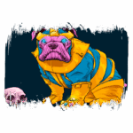 Cachorro da raça pug vestido como um vilão, com roupas amarelas e azuis, segurando joias brilhantes, ao lado de uma caveira. Ilustração vibrante e colorida.