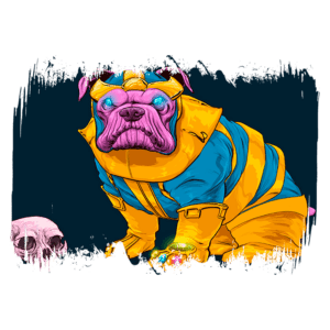 Cachorro da raça pug vestido como um vilão, com roupas amarelas e azuis, segurando joias brilhantes, ao lado de uma caveira. Ilustração vibrante e colorida.