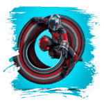 Personagem de super-herói em traje vermelho e preto, posando dinamicamente em um fundo azul, com um efeito circular colorido ao redor.