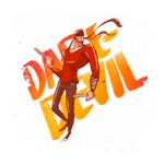 Ilustração do personagem Daredevil, um super-herói cego com habilidades aprimoradas, segurando bastões em um fundo colorido com o texto "Daredevil". Ele usa uma camisa vermelha e está em uma pose dinâmica, representando força e agilidade. Ideal para fãs de quadrinhos e cultura pop.