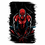 Ilustração do Homem-Aranha em pose de ação, com traje vermelho e azul, cercado por teias em um fundo escuro. Ideal para fãs de quadrinhos e cultura pop.
