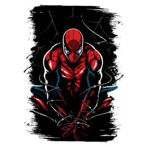 Ilustração do Homem-Aranha em pose de ação, com traje vermelho e azul, cercado por teias em um fundo escuro. Ideal para fãs de quadrinhos e cultura pop.