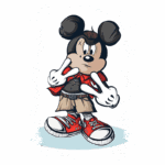 Ilustração de um personagem similar ao Mickey Mouse, vestindo roupas de estilo urbano, com uma jaqueta vermelha, camiseta preta e calças curtas. Ele está fazendo sinal de paz com as mãos e usando tênis vermelhos, retratando um visual moderno e descontraído.
