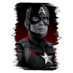 Ilustração de um super-herói com traje preto e detalhes em vermelho, usando um escudo em forma de estrela e uma máscara com a letra "A" na frente, em fundo vermelho.