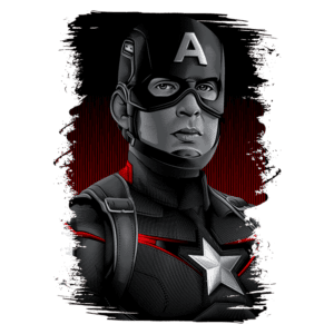 Ilustração de um super-herói com traje preto e detalhes em vermelho, usando um escudo em forma de estrela e uma máscara com a letra "A" na frente, em fundo vermelho.