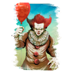 Palhaço assustador segurando um balão vermelho com um crânio, retratado em estilo de arte digital, com cabelo vermelho e roupas tradicionais de palhaço, em um fundo colorido.