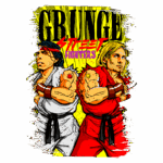 Ilustração de dois lutadores inspirados no estilo grunge, representando personagens de jogos de luta. O lutador à esquerda usa um traje branco, enquanto o da direita veste vermelho, ambos mostrando músculos e posturas desafiadoras. O fundo é amarelo com textos gráficos.