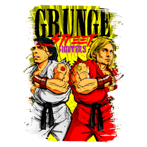 Ilustração de dois lutadores inspirados no estilo grunge, representando personagens de jogos de luta. O lutador à esquerda usa um traje branco, enquanto o da direita veste vermelho, ambos mostrando músculos e posturas desafiadoras. O fundo é amarelo com textos gráficos.