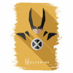 Ilustração minimalista do Wolverine, personagem dos X-Men, em fundo amarelo, destacando seu traje e logotipo dos X-Men.