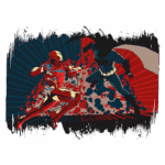 Ilustração de uma batalha épica entre Iron Man e Batman, com explosões e um fundo vibrante em azul e vermelho, destacando a ação entre os dois super-heróis.