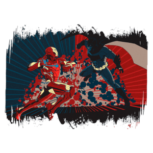 Ilustração de uma batalha épica entre Iron Man e Batman, com explosões e um fundo vibrante em azul e vermelho, destacando a ação entre os dois super-heróis.