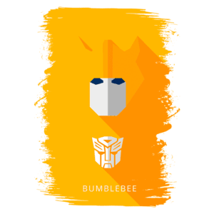 Imagem estilizada do personagem Bumblebee, apresentando um fundo laranja vibrante e os elementos icônicos do robô, incluindo sua cabeça e o logotipo dos Autobots.