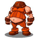 Personagem robusto e musculoso vestindo uma armadura laranja, com um capacete e acessórios em tons similares. Ele apresenta uma aparência amigável, destacando suas proporções exageradas e expressão confiante. Ideal para ilustrações de jogos ou histórias em quadrinhos.