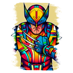 Ilustração colorida e estilizada de um super-herói com garras, representando uma versão vibrante do personagem Wolverine, com uma expressão determinada e uniforme detalhado em tons brilhantes.
