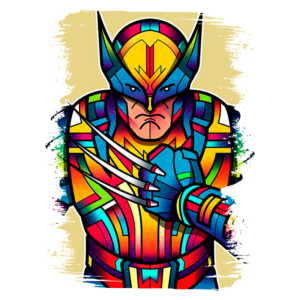 Ilustração colorida e estilizada de um super-herói com garras, representando uma versão vibrante do personagem Wolverine, com uma expressão determinada e uniforme detalhado em tons brilhantes.