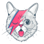 Imagem de um gato estilizado com um design inspirado em David Bowie, apresentando uma faixa em vermelho e azul no rosto, com olhos grandes e uma expressão divertida. Ideal para amantes de gatos e cultura pop.