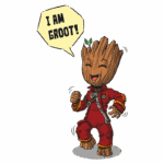 Personagem Groot dançando, com expressão alegre e vestindo um macacão vermelho, acompanhado de um balão de fala que diz "I AM GROOT!" sobre um fundo verde.