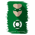 Imagem estilizada do super-herói Lanterna Verde, apresentando seu rosto com máscara e o símbolo icônico do anel de poder, em um fundo verde vibrante.