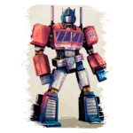 Otimus Prime, robô transformador com design icônico de cores vermelha e azul, posando em fundo claro, representando um personagem famoso da franquia Transformers.