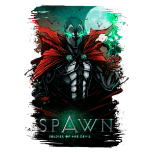 Ilustração do personagem Spawn, conhecido como "Soldado do Diabo", com um manto vermelho, máscara verde e poderes sobrenaturais, em frente a uma lua cheia e pássaros, destacando elementos sombrios e místicos.