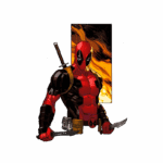 Imagem do personagem Deadpool, vestido em uma roupa vermelha e preta, segurando duas armas, incluindo uma katana e uma faca, com um fundo em chamas.