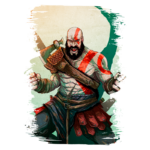 Imagem do personagem Kratos, de God of War, em pose de batalha, com sua icônica tatuagem vermelha e armamento característico, destacando-se em fundo artístico.