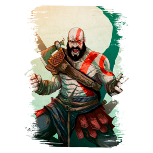 Imagem do personagem Kratos, de God of War, em pose de batalha, com sua icônica tatuagem vermelha e armamento característico, destacando-se em fundo artístico.
