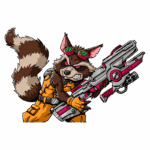 Desenho de um guaxinim antropomórfico vestido com um traje laranja, usando óculos de sol verdes e segurando uma arma futurista colorida.