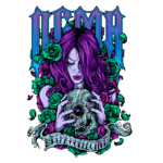 Ilustração com mulher de cabelos longos e roxos segurando uma caveira, adornada com rosas verdes. O design possui um estilo vibrante e gótico, com a legenda "DEMA COLLECTIVE" na parte inferior. Ideal para temas de arte alternativa, tatuagens e cultura pop.