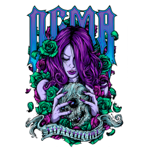 Ilustração com mulher de cabelos longos e roxos segurando uma caveira, adornada com rosas verdes. O design possui um estilo vibrante e gótico, com a legenda "DEMA COLLECTIVE" na parte inferior. Ideal para temas de arte alternativa, tatuagens e cultura pop.