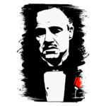 Retrato estilizado de um homem em um terno, com expressão séria e uma rosa vermelha no paletó, evocando a imagem de um líder carismático e influente. Ideal para temas relacionados a cinema, poder e personagens icônicos.